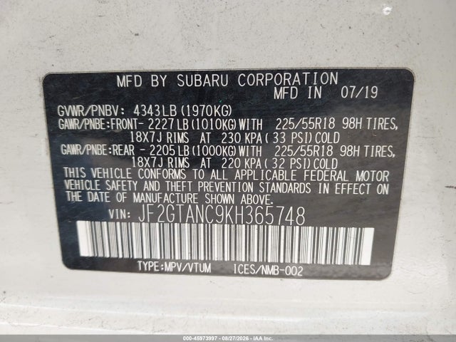 Продажа на аукционе авто 2019 Subaru Crosstrek 2.0i Limited, vin: JF2GTANC9KH365748, номер лота: 45973997