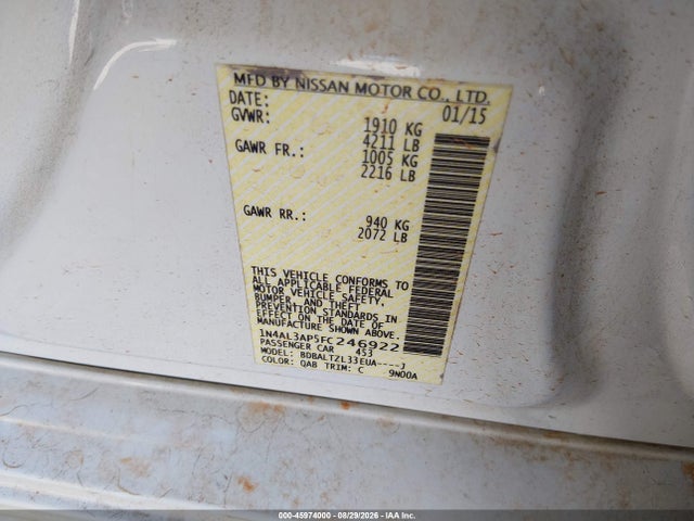 Aukcja sprzedaży 2015 Nissan Altima 2.5 Sl, vin: 1N4AL3AP5FC246922, numer aukcji: 45974000