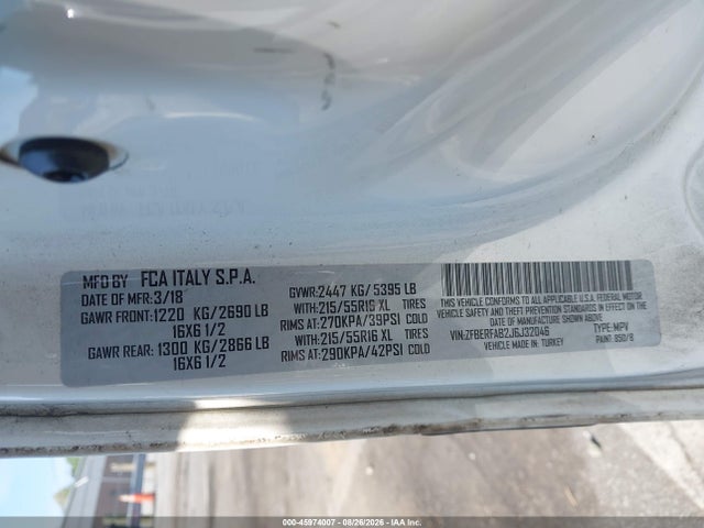 45974007 :رقم المزاد ، ZFBERFAB2J6J32046 vin ، 2018 Ram Promaster City Tradesman مزاد بيع