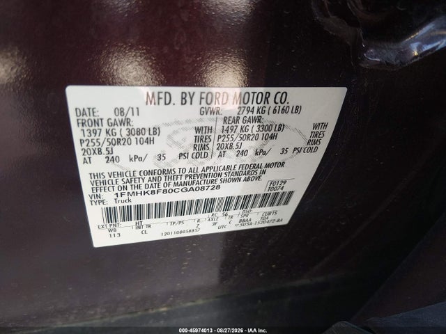 45974013 :رقم المزاد ، 1FMHK8F80CGA08728 vin ، 2012 Ford Explorer Limited مزاد بيع