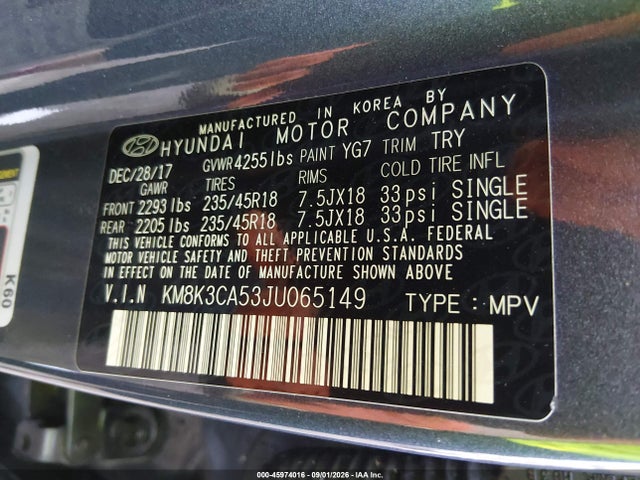 Aukcja sprzedaży 2018 Hyundai Kona Limited, vin: KM8K3CA53JU065149, numer aukcji: 45974016