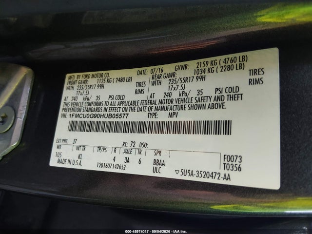 Продажа на аукционе авто 2017 Ford Escape Se, vin: 1FMCU0G90HUB05577, номер лота: 45974017