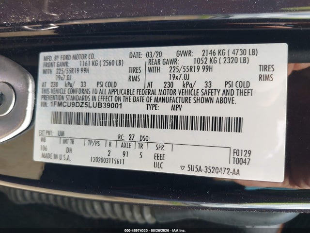 2020 Ford Escape Titanium Hybrid მანქანა იყიდება აუქციონზე, vin: 1FMCU9DZ5LUB39001, აუქციონის ნომერი: 45974020