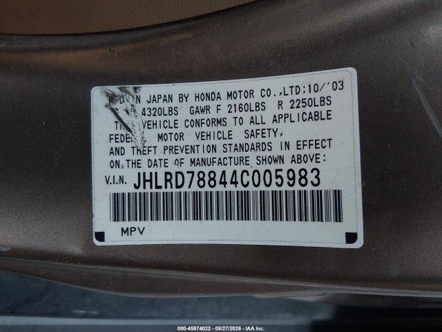 Продажа на аукционе авто 2004 Honda Cr-v Ex, vin: JHLRD78844C005983, номер лота: 45974022