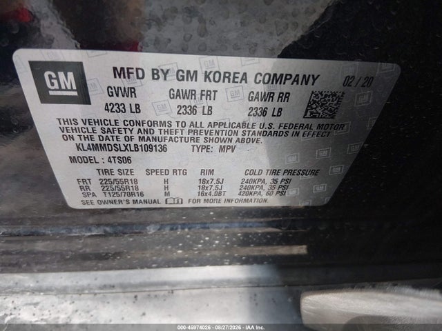 45974026 :رقم المزاد ، KL4MMDSLXLB109136 vin ، 2020 Buick Encore Gx Fwd Select مزاد بيع