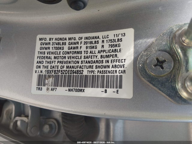 Aukcja sprzedaży 2013 Honda Civic Lx, vin: 19XFB2F52DE094852, numer aukcji: 45974028