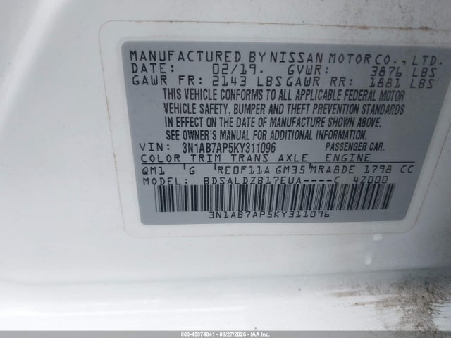 Продаж на аукціоні авто 2019 Nissan Sentra Sv, vin: 3N1AB7AP5KY311096, номер лоту: 45974041