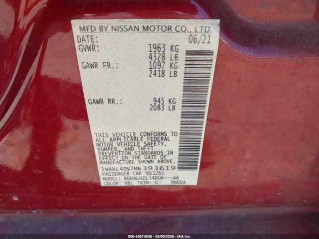 Aukcja sprzedaży 2021 Nissan Altima Sv Fwd, vin: 1N4BL4DV7MN393619, numer aukcji: 45974046