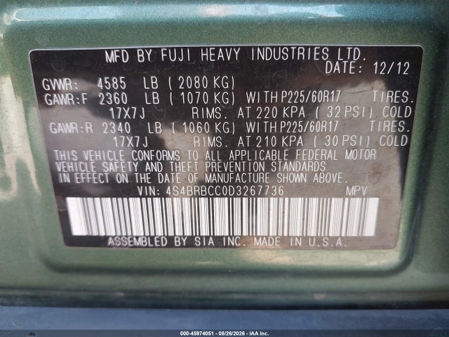 2013 Subaru Outback 2.5i Premium მანქანა იყიდება აუქციონზე, vin: 4S4BRBCC0D3267736, აუქციონის ნომერი: 45974051