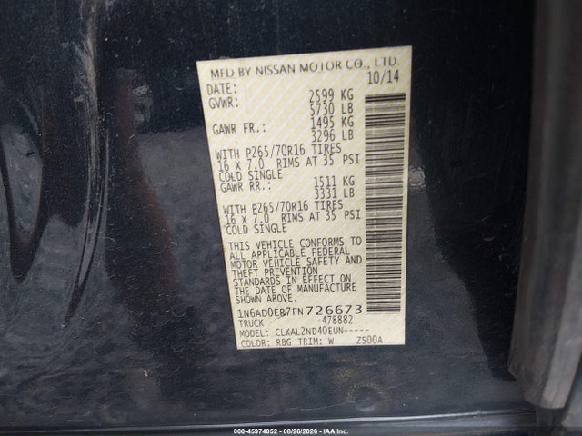 45974052 :رقم المزاد ، 1N6AD0ER7FN726673 vin ، 2015 Nissan Frontier Sv مزاد بيع