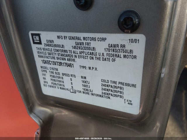 2002 Gmc Yukon Sle მანქანა იყიდება აუქციონზე, vin: 1GKEC13V72R176461, აუქციონის ნომერი: 45974055