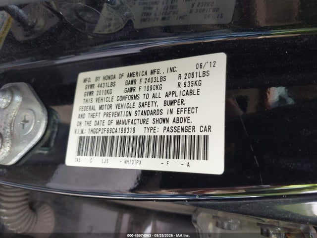Aukcja sprzedaży 2012 Honda Accord 2.4 Ex-l, vin: 1HGCP2F89CA198319, numer aukcji: 45974063