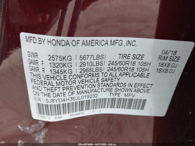 Продаж на аукціоні авто 2018 Acura Mdx, vin: 5J8YD4H36JL019232, номер лоту: 45974069