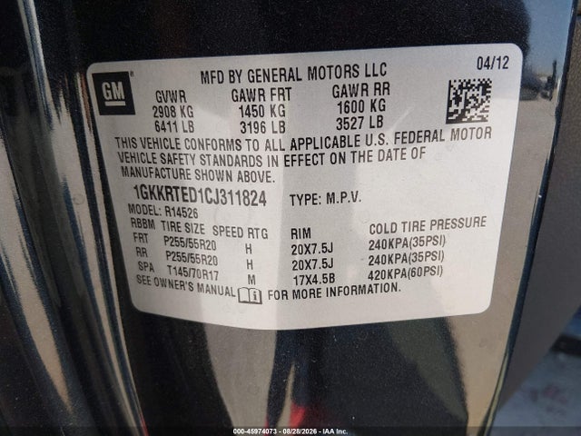 45974073 :رقم المزاد ، 1GKKRTED1CJ311824 vin ، 2012 Gmc Acadia Denali مزاد بيع