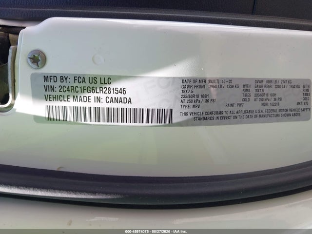 Aukcja sprzedaży 2020 Chrysler Pacifica Touring, vin: 2C4RC1FG6LR281546, numer aukcji: 45974075
