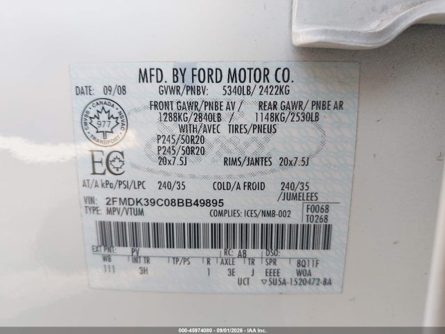 Продаж на аукціоні авто 2008 Ford Edge Limited, vin: 2FMDK39C08BB49895, номер лоту: 45974080