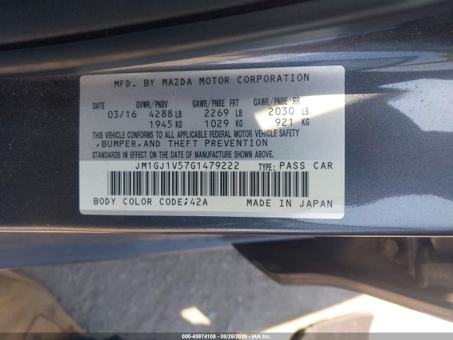 Aukcja sprzedaży 2016 Mazda Mazda6 I Touring, vin: JM1GJ1V57G1479222, numer aukcji: 45974108