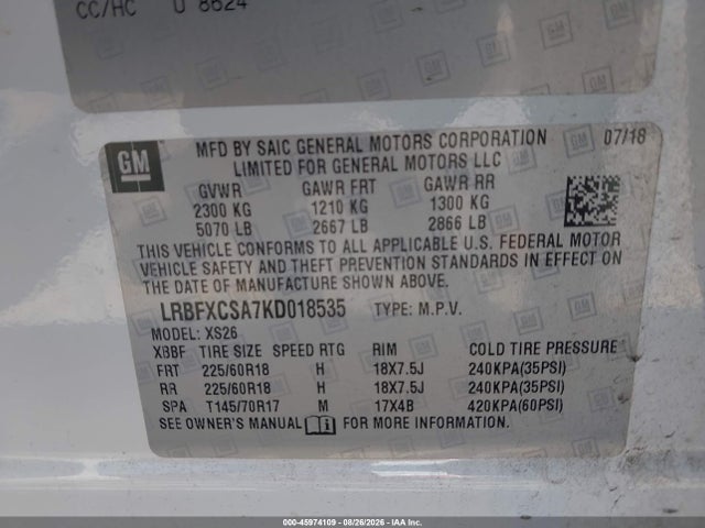 45974109 :رقم المزاد ، LRBFXCSA7KD018535 vin ، 2019 Buick Envision Fwd Essence مزاد بيع