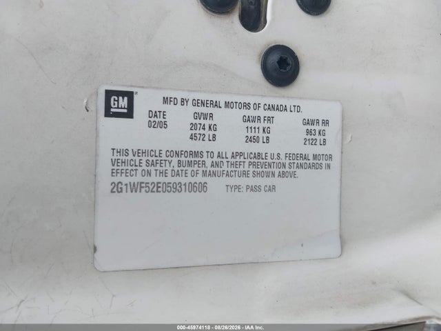 Продажа на аукционе авто 2005 Chevrolet Impala, vin: 2G1WF52E059310606, номер лота: 45974118