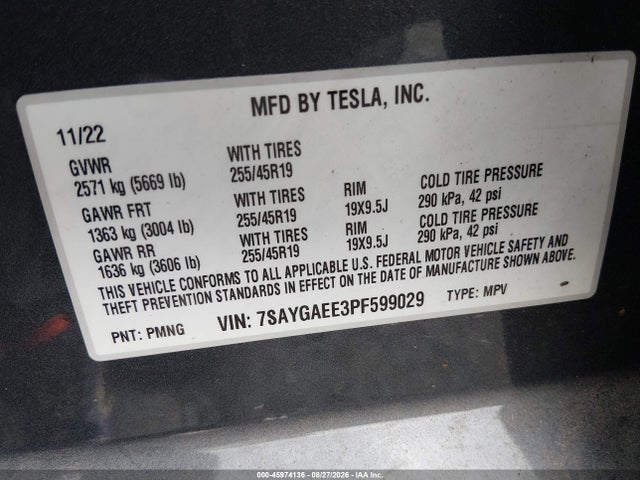 45974136 :رقم المزاد ، 7SAYGAEE3PF599029 vin ، 2023 Tesla Model Y مزاد بيع