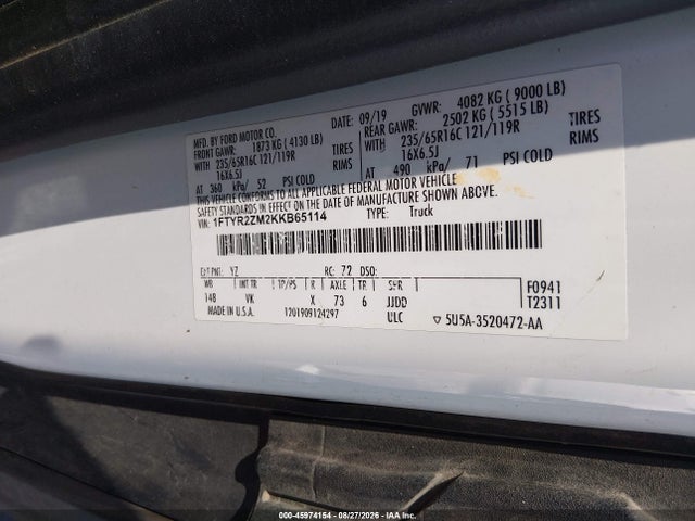 45974154 :رقم المزاد ، 1FTYR2ZM2KKB65114 vin ، 2019 Ford Transit-250 مزاد بيع