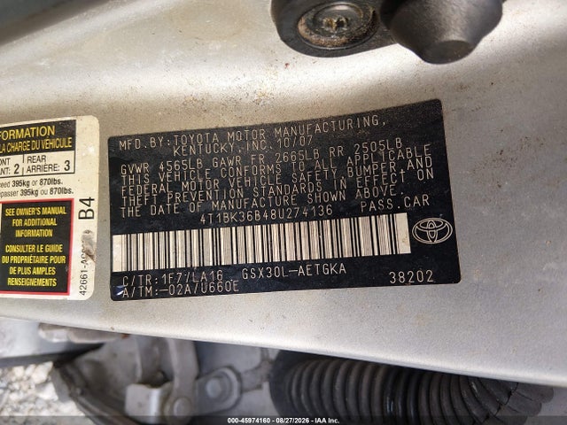 Aukcja sprzedaży 2008 Toyota Avalon Xls, vin: 4T1BK36B48U274136, numer aukcji: 45974160