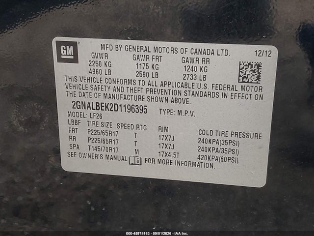 45974163 :رقم المزاد ، 2GNALBEK2D1196395 vin ، 2013 Chevrolet Equinox Ls مزاد بيع