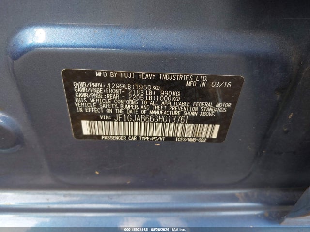 Продаж на аукціоні авто 2016 Subaru Impreza 2.0i Premium, vin: JF1GJAB66GH013761, номер лоту: 45974165