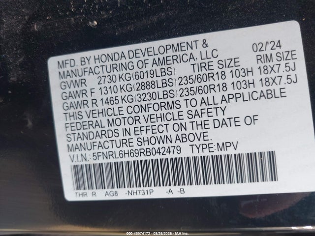Продажа на аукционе авто 2024 Honda Odyssey Ex-l, vin: 5FNRL6H69RB042479, номер лота: 45974172