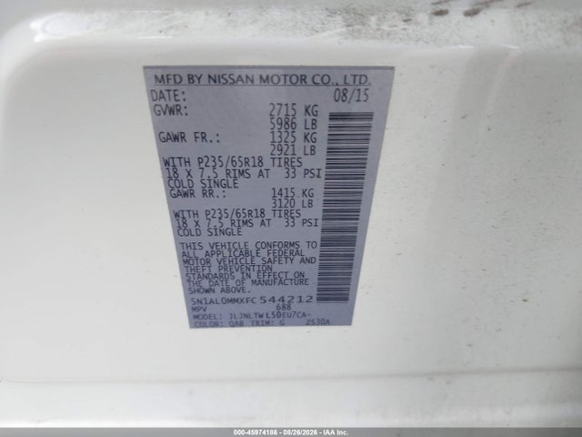 45974186 :رقم المزاد ، 5N1AL0MMXFC544212 vin ، 2015 Infiniti Qx60 مزاد بيع