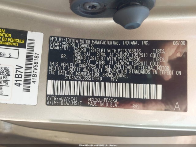 Продаж на аукціоні авто 2006 Toyota Sienna Le, vin: 5TDZA23C36S515540, номер лоту: 45974190