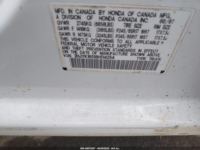 2008 Honda Ridgeline Rtl მანქანა იყიდება აუქციონზე, vin: 2HJYK16518H514254, აუქციონის ნომერი: 45974207