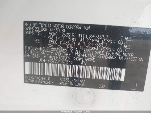 2008 Toyota Rav4 მანქანა იყიდება აუქციონზე, vin: JTMZD33V286079846, აუქციონის ნომერი: 45974209