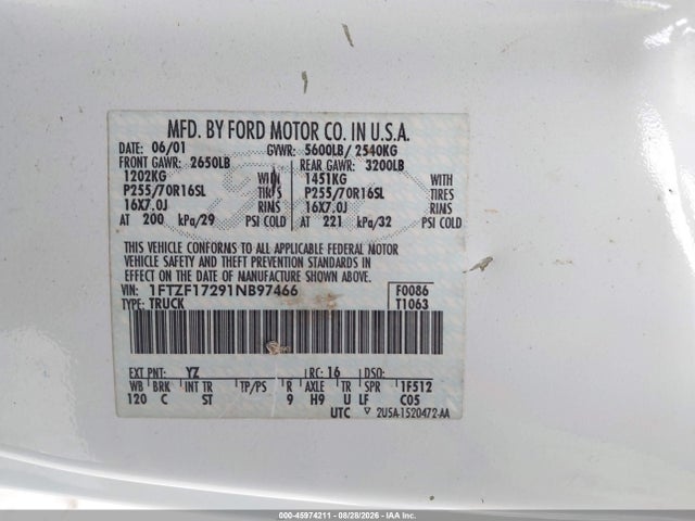 2001 Ford F-150 Xl/xlt მანქანა იყიდება აუქციონზე, vin: 1FTZF17291NB97466, აუქციონის ნომერი: 45974211