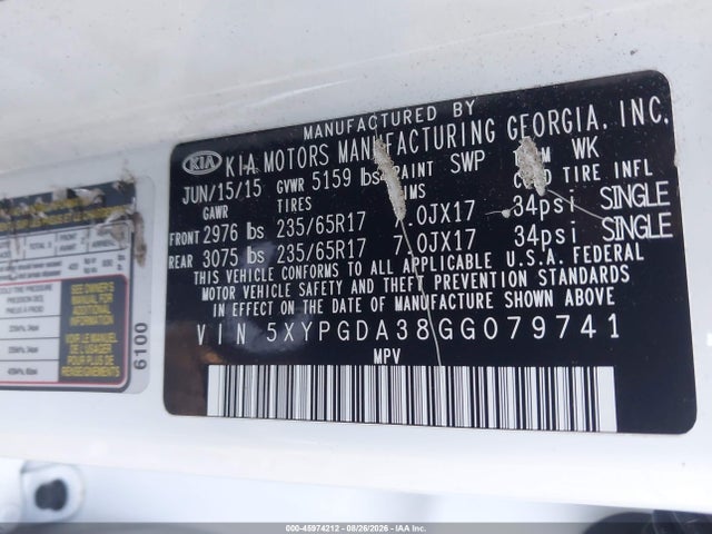 45974212 :رقم المزاد ، 5XYPGDA38GG079741 vin ، 2016 Kia Sorento 2.4l Lx مزاد بيع