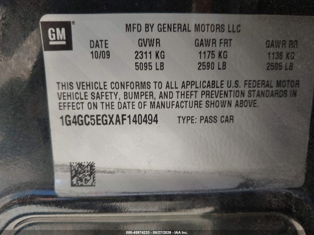 Aukcja sprzedaży 2010 Buick Lacrosse Cxl, vin: 1G4GC5EGXAF140494, numer aukcji: 45974233