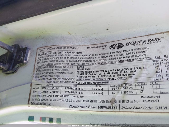 Aukcja sprzedaży 2003 Chevrolet Express, vin: 1GCHG39UX31162349, numer aukcji: 45974263