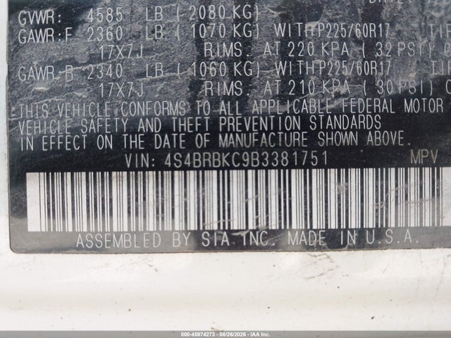 45974273 :رقم المزاد ، 4S4BRBKC9B3381751 vin ، 2011 Subaru Outback 2.5i Limited مزاد بيع