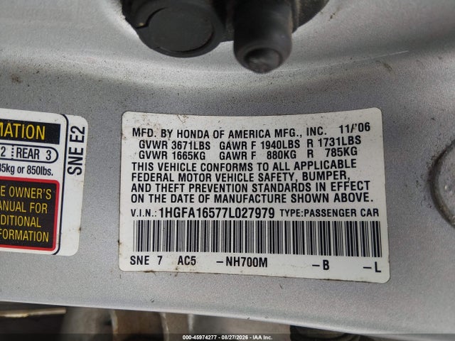 45974277 :رقم المزاد ، 1HGFA16577L027979 vin ، 2007 Honda Civic Lx مزاد بيع