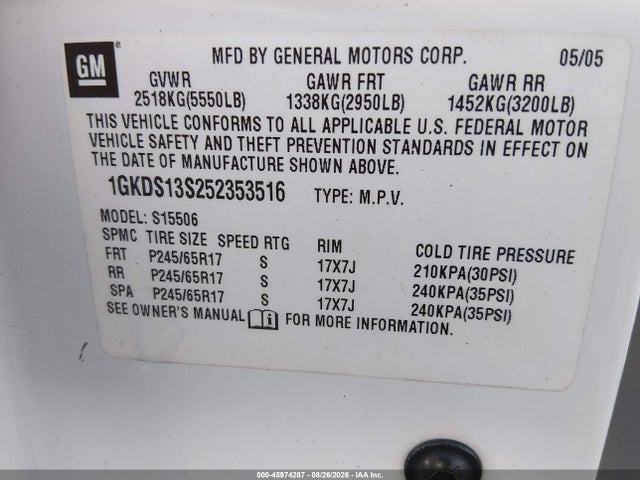 Продажа на аукционе авто 2005 Gmc Envoy Slt, vin: 1GKDS13S252353516, номер лота: 45974287