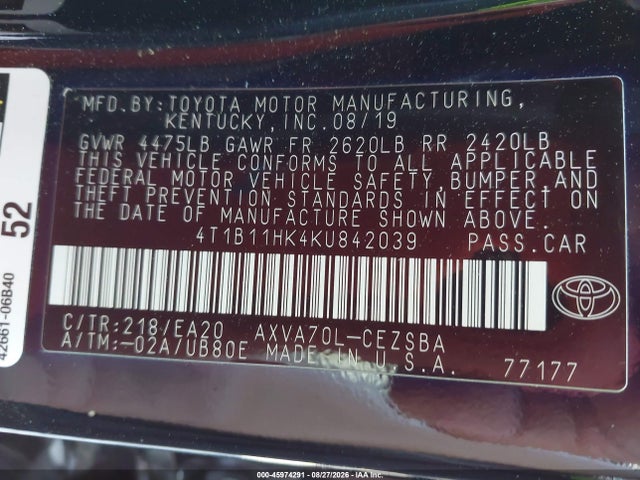 Aukcja sprzedaży 2019 Toyota Camry Se, vin: 4T1B11HK4KU842039, numer aukcji: 45974291