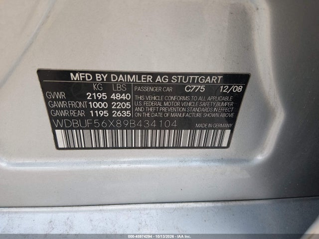 Auction sale of the 2009 Mercedes-benz E 350, vin: WDBUF56X89B434104, lot number: 45974294