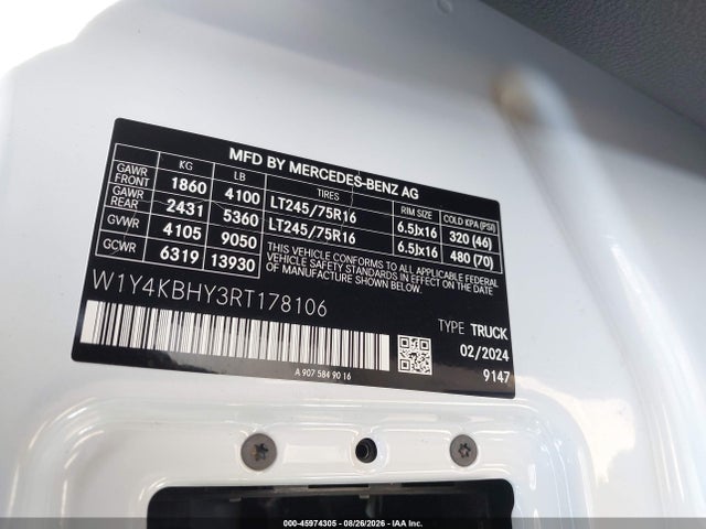 2024 Mercedes-benz Sprinter 2500 Standard Roof 4-cyl Diesel მანქანა იყიდება აუქციონზე, vin: W1Y4KBHY3RT178106, აუქციონის ნომერი: 45974305