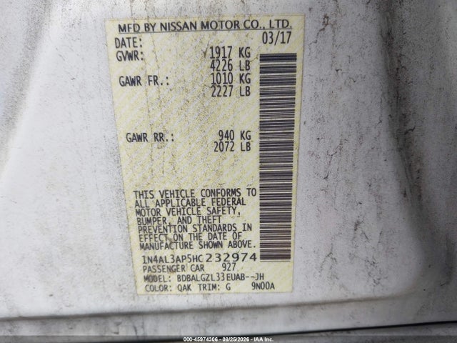 2017 Nissan Altima 2.5 S მანქანა იყიდება აუქციონზე, vin: 1N4AL3AP5HC232974, აუქციონის ნომერი: 45974306