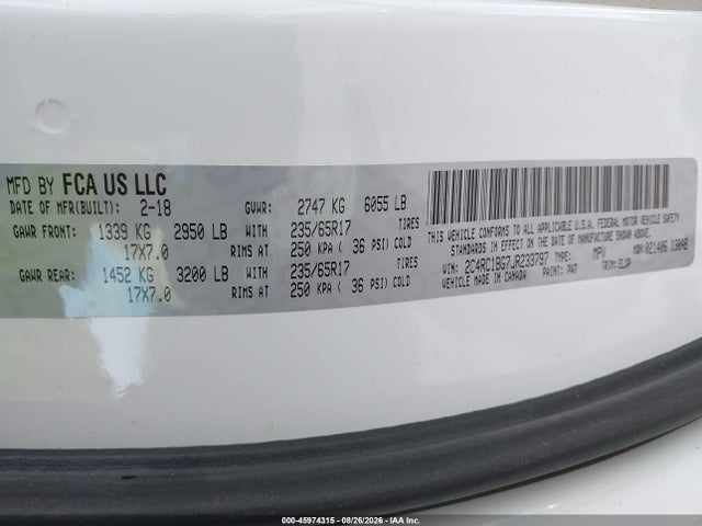 Aukcja sprzedaży 2018 Chrysler Pacifica Touring L, vin: 2C4RC1BG7JR233797, numer aukcji: 45974315