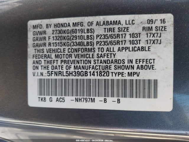 Honda ODYSSEY SE 2016 5FNRL5H39GB141820 Image 9