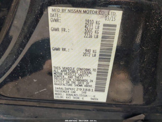 45974342 :رقم المزاد ، 1N4AL3APXFC293881 vin ، 2015 Nissan Altima 2.5 Sv مزاد بيع