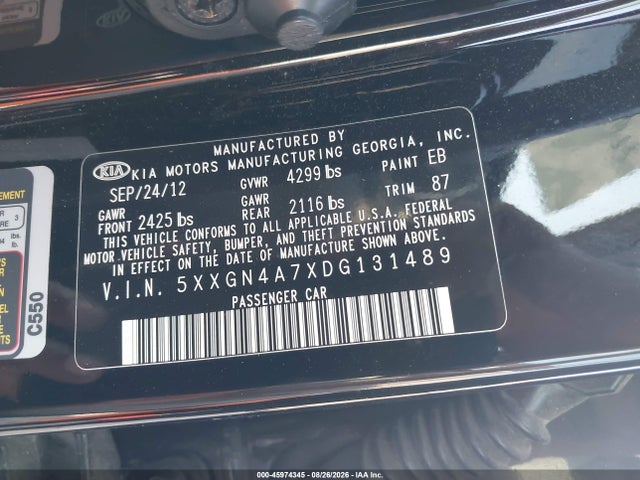 Aukcja sprzedaży 2013 Kia Optima Ex, vin: 5XXGN4A7XDG131489, numer aukcji: 45974345