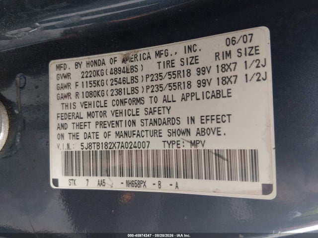 Продаж на аукціоні авто 2007 Acura Rdx, vin: 5J8TB182X7A024007, номер лоту: 45974347