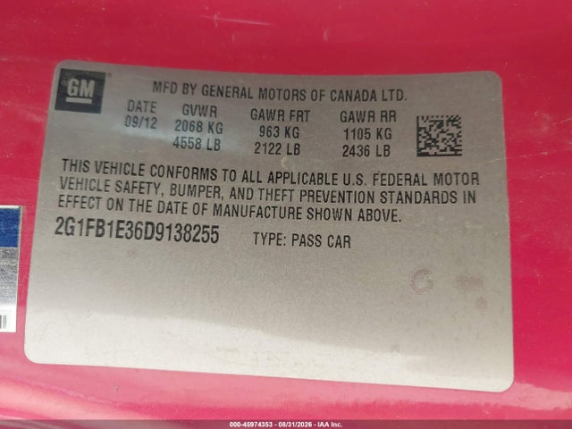 2013 Chevrolet Camaro 1lt მანქანა იყიდება აუქციონზე, vin: 2G1FB1E36D9138255, აუქციონის ნომერი: 45974353